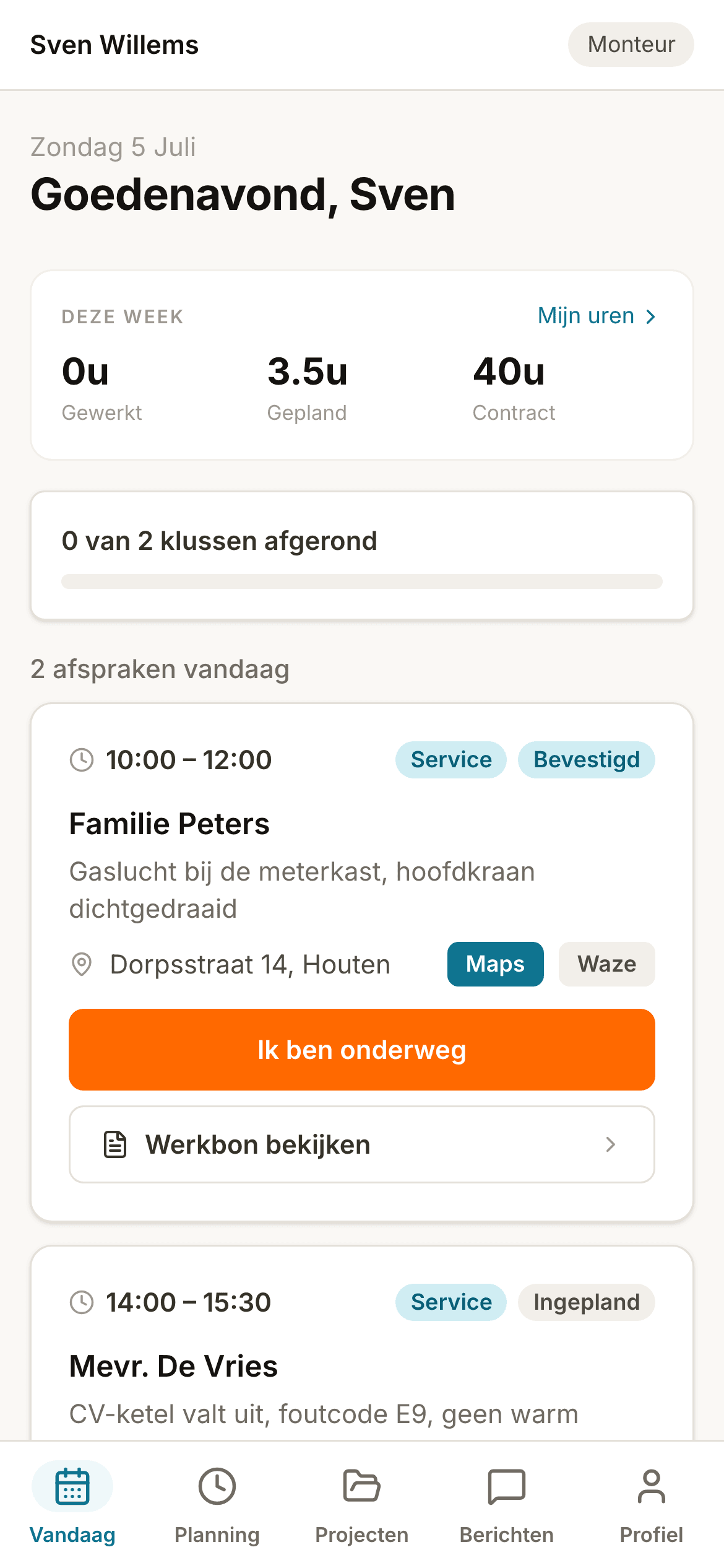 De monteur-app met de klussen van vandaag en de knop Ik ben onderweg